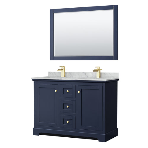 Wyndham Avery 48 Inch Double Bathroom Vanity in Dark Blue, White Carrara Marble Countertop, Undermount Square Sinks, 46 Inch Mirror- Wyndham