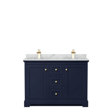 Load image into Gallery viewer, Wyndham Avery 48 Inch Double Bathroom Vanity in Dark Blue, White Carrara Marble Countertop, Undermount Square Sinks, No Mirror- Wyndham