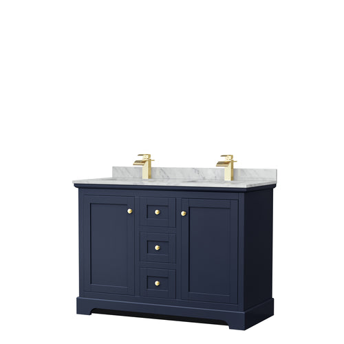 Wyndham Avery 48 Inch Double Bathroom Vanity in Dark Blue, White Carrara Marble Countertop, Undermount Square Sinks, No Mirror- Wyndham