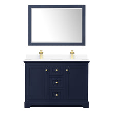 Load image into Gallery viewer, Wyndham Avery 48 Inch Double Bathroom Vanity in Dark Blue, White Cultured Marble Countertop, Undermount Square Sinks, 46 Inch Mirror- Wyndham