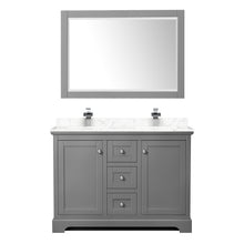 Load image into Gallery viewer, Wyndham Avery 48 Inch Double Bathroom Vanity in Dark Gray, Dark-Vein Carrara Cultured Marble Countertop, Undermount Square Sinks, 46 Inch Mirror- Wyndham