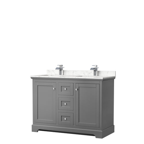 Wyndham Avery 48 Inch Double Bathroom Vanity in Dark Gray, Dark-Vein Carrara Cultured Marble Countertop, Undermount Square Sinks, No Mirror- Wyndham