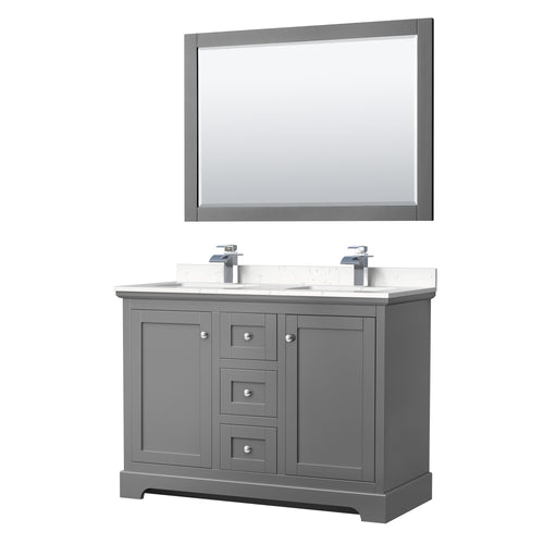 Wyndham Avery 48 Inch Double Bathroom Vanity in Dark Gray, Light-Vein Carrara Cultured Marble Countertop, Undermount Square Sinks, 46 Inch Mirror- Wyndham