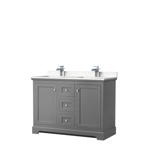 Wyndham Avery 48 Inch Double Bathroom Vanity in Dark Gray, Light-Vein Carrara Cultured Marble Countertop, Undermount Square Sinks, No Mirror- Wyndham