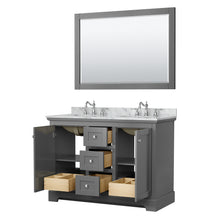 Load image into Gallery viewer, Wyndham Avery 48 Inch Double Bathroom Vanity in Dark Gray, White Carrara Marble Countertop, Undermount Oval Sinks, 46 Inch Mirror- Wyndham