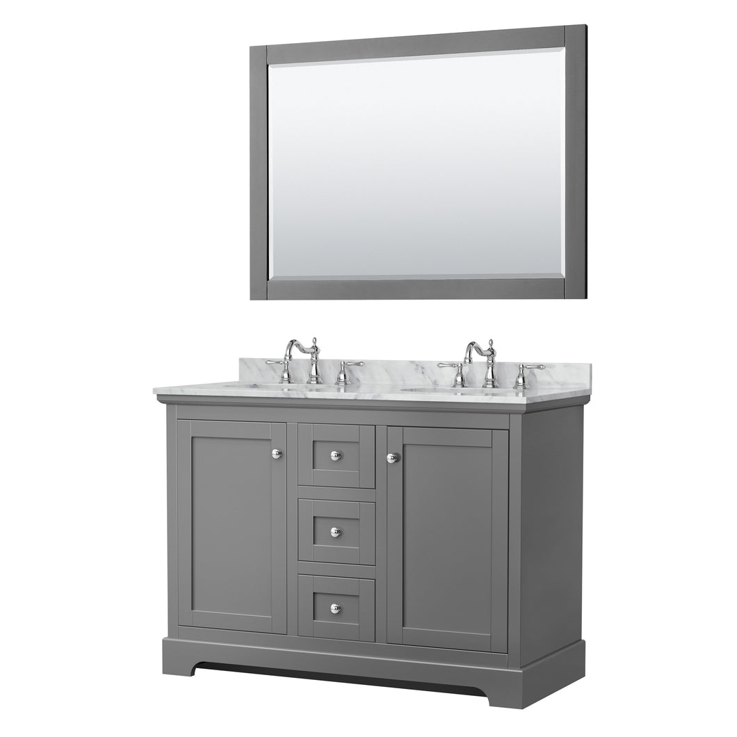 Wyndham Avery 48 Inch Double Bathroom Vanity in Dark Gray, White Carrara Marble Countertop, Undermount Oval Sinks, 46 Inch Mirror- Wyndham