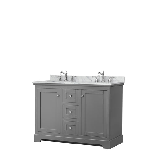 Wyndham Avery 48 Inch Double Bathroom Vanity in Dark Gray, White Carrara Marble Countertop, Undermount Oval Sinks, No Mirror- Wyndham
