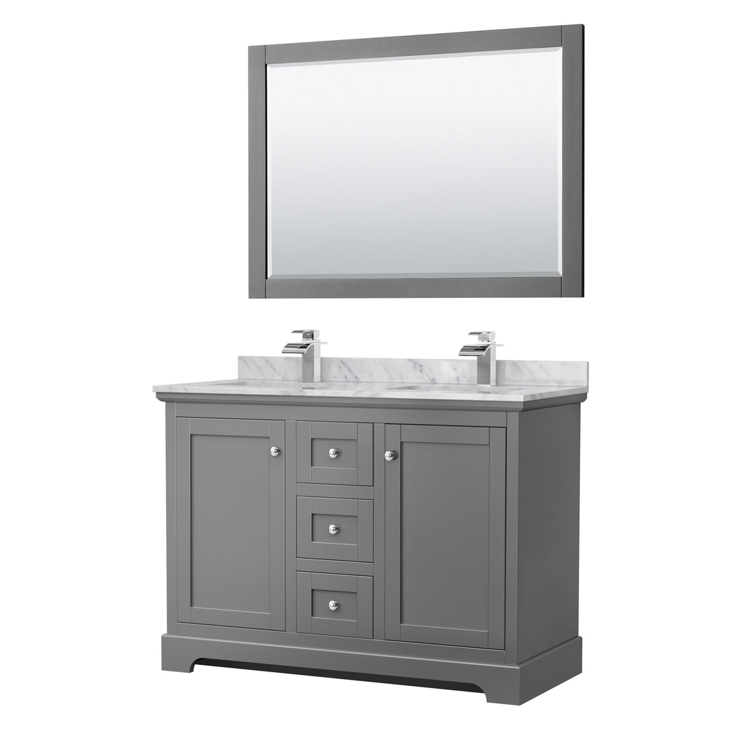 Wyndham Avery 48 Inch Double Bathroom Vanity in Dark Gray, White Carrara Marble Countertop, Undermount Square Sinks, 46 Inch Mirror- Wyndham