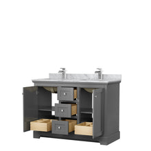 Load image into Gallery viewer, Wyndham Avery 48 Inch Double Bathroom Vanity in Dark Gray, White Carrara Marble Countertop, Undermount Square Sinks, No Mirror- Wyndham
