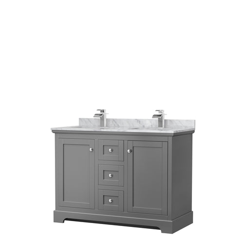 Wyndham Avery 48 Inch Double Bathroom Vanity in Dark Gray, White Carrara Marble Countertop, Undermount Square Sinks, No Mirror- Wyndham