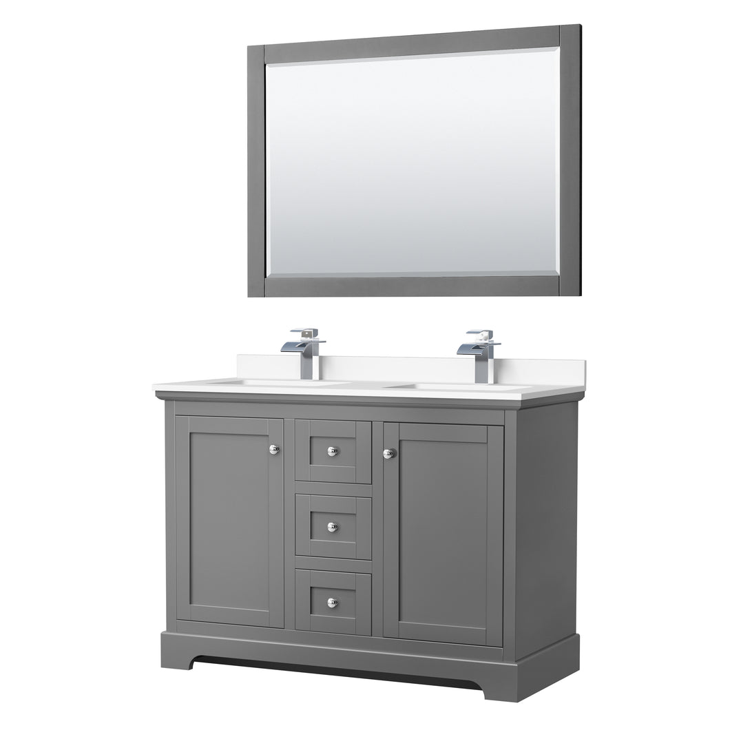 Wyndham Avery 48 Inch Double Bathroom Vanity in Dark Gray, White Cultured Marble Countertop, Undermount Square Sinks, 46 Inch Mirror- Wyndham