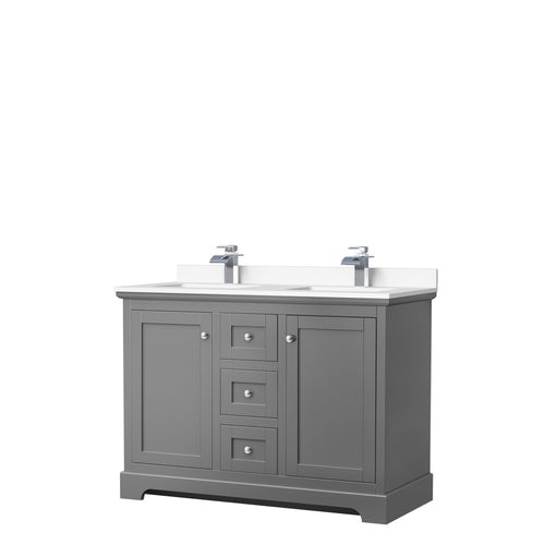 Wyndham Avery 48 Inch Double Bathroom Vanity in Dark Gray, White Cultured Marble Countertop, Undermount Square Sinks, No Mirror- Wyndham