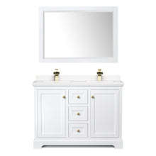 Load image into Gallery viewer, Wyndham Avery 48 Inch Double Bathroom Vanity in White, Light-Vein Carrara Cultured Marble Countertop, Undermount Square Sinks, 46 Inch Mirror, Brushed Gold Trim- Wyndham