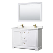 Load image into Gallery viewer, Wyndham Avery 48 Inch Double Bathroom Vanity in White, Light-Vein Carrara Cultured Marble Countertop, Undermount Square Sinks, 46 Inch Mirror, Brushed Gold Trim- Wyndham