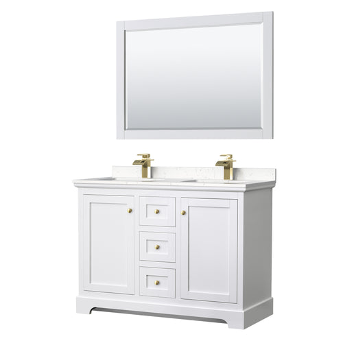 Wyndham Avery 48 Inch Double Bathroom Vanity in White, Light-Vein Carrara Cultured Marble Countertop, Undermount Square Sinks, 46 Inch Mirror, Brushed Gold Trim- Wyndham