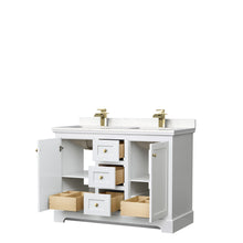 Load image into Gallery viewer, Wyndham Avery 48 Inch Double Bathroom Vanity in White, Light-Vein Carrara Cultured Marble Countertop, Undermount Square Sinks, Brushed Gold Trim- Wyndham