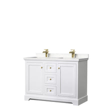 Load image into Gallery viewer, Wyndham Avery 48 Inch Double Bathroom Vanity in White, Light-Vein Carrara Cultured Marble Countertop, Undermount Square Sinks, Brushed Gold Trim- Wyndham