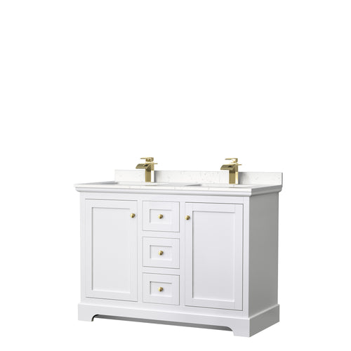 Wyndham Avery 48 Inch Double Bathroom Vanity in White, Light-Vein Carrara Cultured Marble Countertop, Undermount Square Sinks, Brushed Gold Trim- Wyndham
