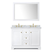 Load image into Gallery viewer, Wyndham Avery 48 Inch Double Bathroom Vanity in White, White Carrara Marble Countertop, Undermount Oval Sinks, 46 Inch Mirror, Brushed Gold Trim- Wyndham