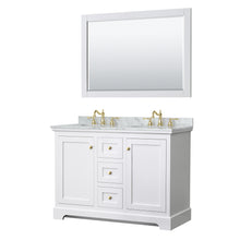 Load image into Gallery viewer, Wyndham Avery 48 Inch Double Bathroom Vanity in White, White Carrara Marble Countertop, Undermount Oval Sinks, 46 Inch Mirror, Brushed Gold Trim- Wyndham