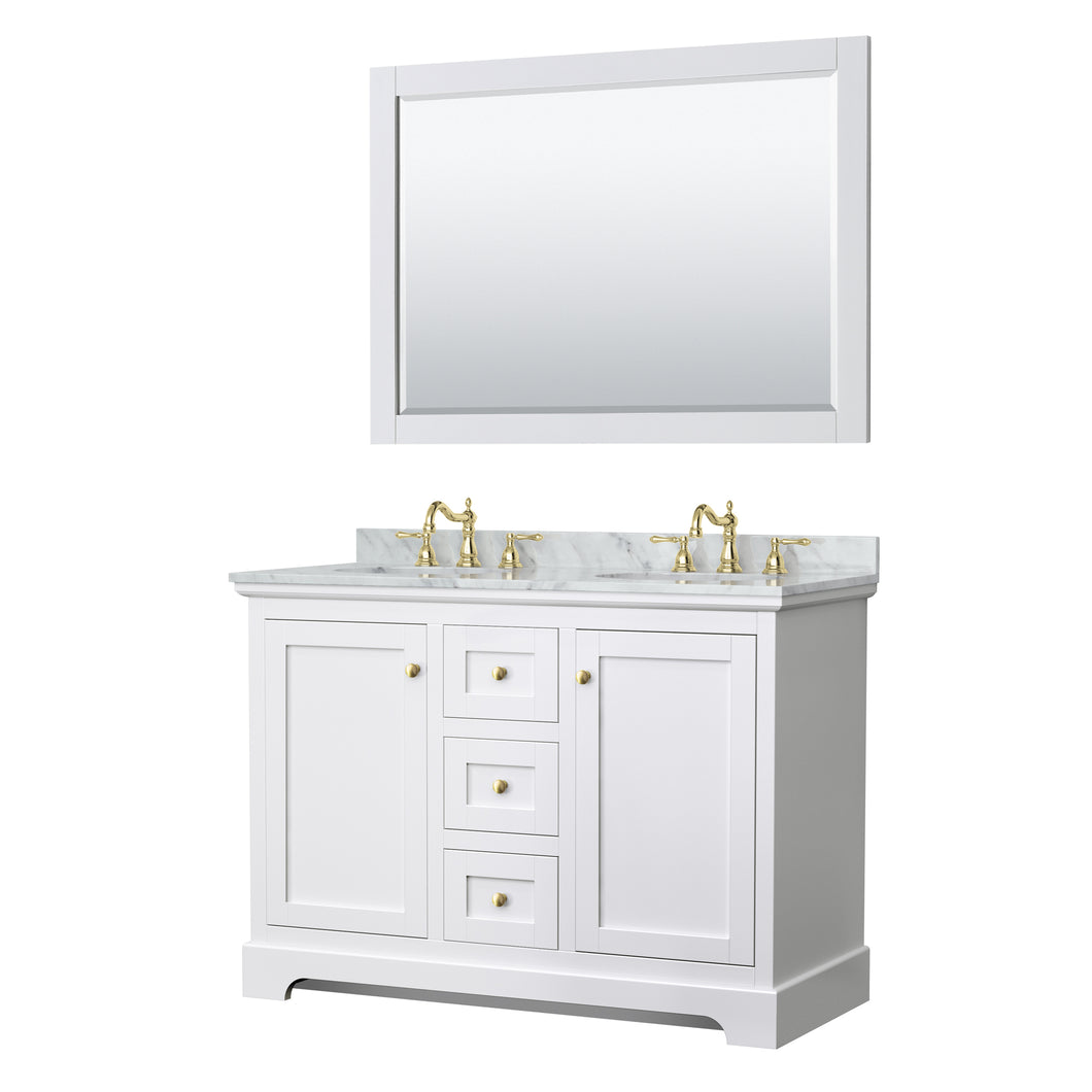 Wyndham Avery 48 Inch Double Bathroom Vanity in White, White Carrara Marble Countertop, Undermount Oval Sinks, 46 Inch Mirror, Brushed Gold Trim- Wyndham