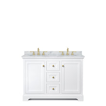 Load image into Gallery viewer, Wyndham Avery 48 Inch Double Bathroom Vanity in White, White Carrara Marble Countertop, Undermount Oval Sinks, Brushed Gold Trim- Wyndham