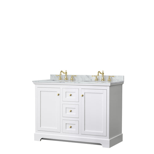Wyndham Avery 48 Inch Double Bathroom Vanity in White, White Carrara Marble Countertop, Undermount Oval Sinks, Brushed Gold Trim- Wyndham