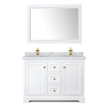 Load image into Gallery viewer, Wyndham Avery 48 Inch Double Bathroom Vanity in White, White Carrara Marble Countertop, Undermount Square Sinks, 46 Inch Mirror, Brushed Gold Trim- Wyndham