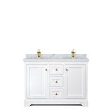 Load image into Gallery viewer, Wyndham Avery 48 Inch Double Bathroom Vanity in White, White Carrara Marble Countertop, Undermount Square Sinks, Brushed Gold Trim- Wyndham