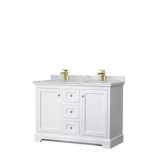 Load image into Gallery viewer, Wyndham Avery 48 Inch Double Bathroom Vanity in White, White Carrara Marble Countertop, Undermount Square Sinks, Brushed Gold Trim- Wyndham