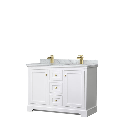 Wyndham Avery 48 Inch Double Bathroom Vanity in White, White Carrara Marble Countertop, Undermount Square Sinks, Brushed Gold Trim- Wyndham