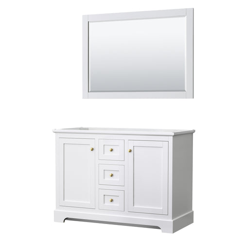 Wyndham Avery 48 Inch Double Bathroom Vanity in White, No Countertop, No Sinks, 46 Inch Mirror, Brushed Gold Trim- Wyndham