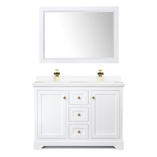Load image into Gallery viewer, Wyndham Avery 48 Inch Double Bathroom Vanity in White, White Cultured Marble Countertop, Undermount Square Sinks, 46 Inch Mirror, Brushed Gold Trim- Wyndham
