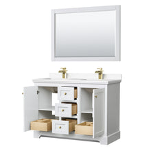 Load image into Gallery viewer, Wyndham Avery 48 Inch Double Bathroom Vanity in White, White Cultured Marble Countertop, Undermount Square Sinks, 46 Inch Mirror, Brushed Gold Trim- Wyndham