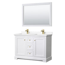 Load image into Gallery viewer, Wyndham Avery 48 Inch Double Bathroom Vanity in White, White Cultured Marble Countertop, Undermount Square Sinks, 46 Inch Mirror, Brushed Gold Trim- Wyndham