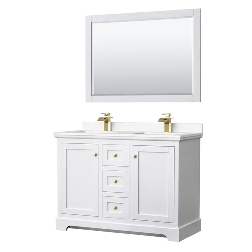 Wyndham Avery 48 Inch Double Bathroom Vanity in White, White Cultured Marble Countertop, Undermount Square Sinks, 46 Inch Mirror, Brushed Gold Trim- Wyndham