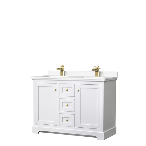 Wyndham Avery 48 Inch Double Bathroom Vanity in White, White Cultured Marble Countertop, Undermount Square Sinks, Brushed Gold Trim- Wyndham