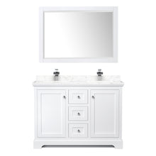Load image into Gallery viewer, Wyndham Avery 48 Inch Double Bathroom Vanity in White, Dark-Vein Carrara Cultured Marble Countertop, Undermount Square Sinks, 46 Inch Mirror- Wyndham