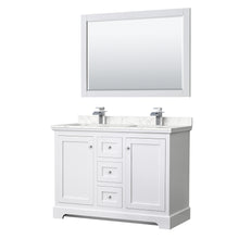 Load image into Gallery viewer, Wyndham Avery 48 Inch Double Bathroom Vanity in White, Dark-Vein Carrara Cultured Marble Countertop, Undermount Square Sinks, 46 Inch Mirror- Wyndham