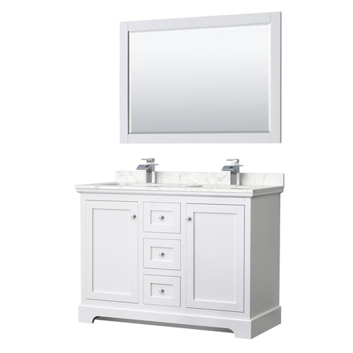 Wyndham Avery 48 Inch Double Bathroom Vanity in White, Dark-Vein Carrara Cultured Marble Countertop, Undermount Square Sinks, 46 Inch Mirror- Wyndham