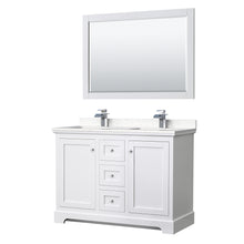 Load image into Gallery viewer, Wyndham Avery 48 Inch Double Bathroom Vanity in White, Light-Vein Carrara Cultured Marble Countertop, Undermount Square Sinks, 46 Inch Mirror- Wyndham
