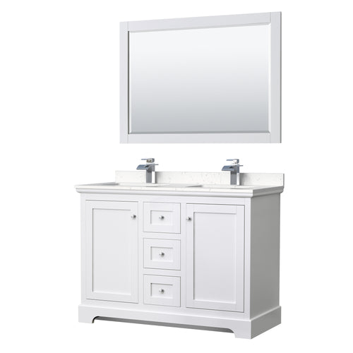 Wyndham Avery 48 Inch Double Bathroom Vanity in White, Light-Vein Carrara Cultured Marble Countertop, Undermount Square Sinks, 46 Inch Mirror- Wyndham