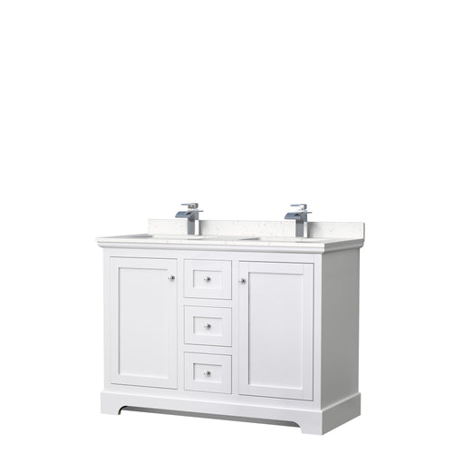 Wyndham Avery 48 Inch Double Bathroom Vanity in White, Light-Vein Carrara Cultured Marble Countertop, Undermount Square Sinks, No Mirror- Wyndham