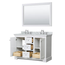 Load image into Gallery viewer, Wyndham Avery 48 Inch Double Bathroom Vanity in White, White Carrara Marble Countertop, Undermount Oval Sinks, 46 Inch Mirror- Wyndham