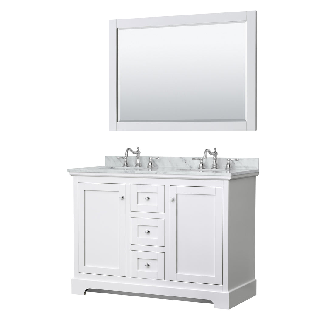 Wyndham Avery 48 Inch Double Bathroom Vanity in White, White Carrara Marble Countertop, Undermount Oval Sinks, 46 Inch Mirror- Wyndham