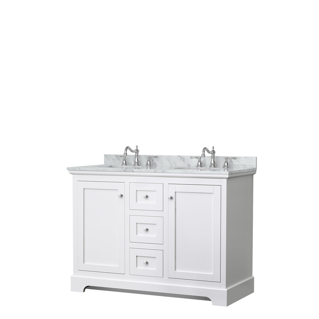Wyndham Avery 48 Inch Double Bathroom Vanity in White, White Carrara Marble Countertop, Undermount Oval Sinks, No Mirror- Wyndham