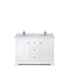 Load image into Gallery viewer, Wyndham Avery 48 Inch Double Bathroom Vanity in White, White Carrara Marble Countertop, Undermount Square Sinks, No Mirror- Wyndham