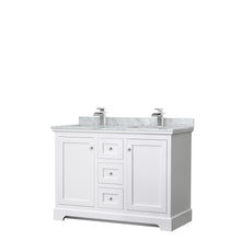 Load image into Gallery viewer, Wyndham Avery 48 Inch Double Bathroom Vanity in White, White Carrara Marble Countertop, Undermount Square Sinks, No Mirror- Wyndham