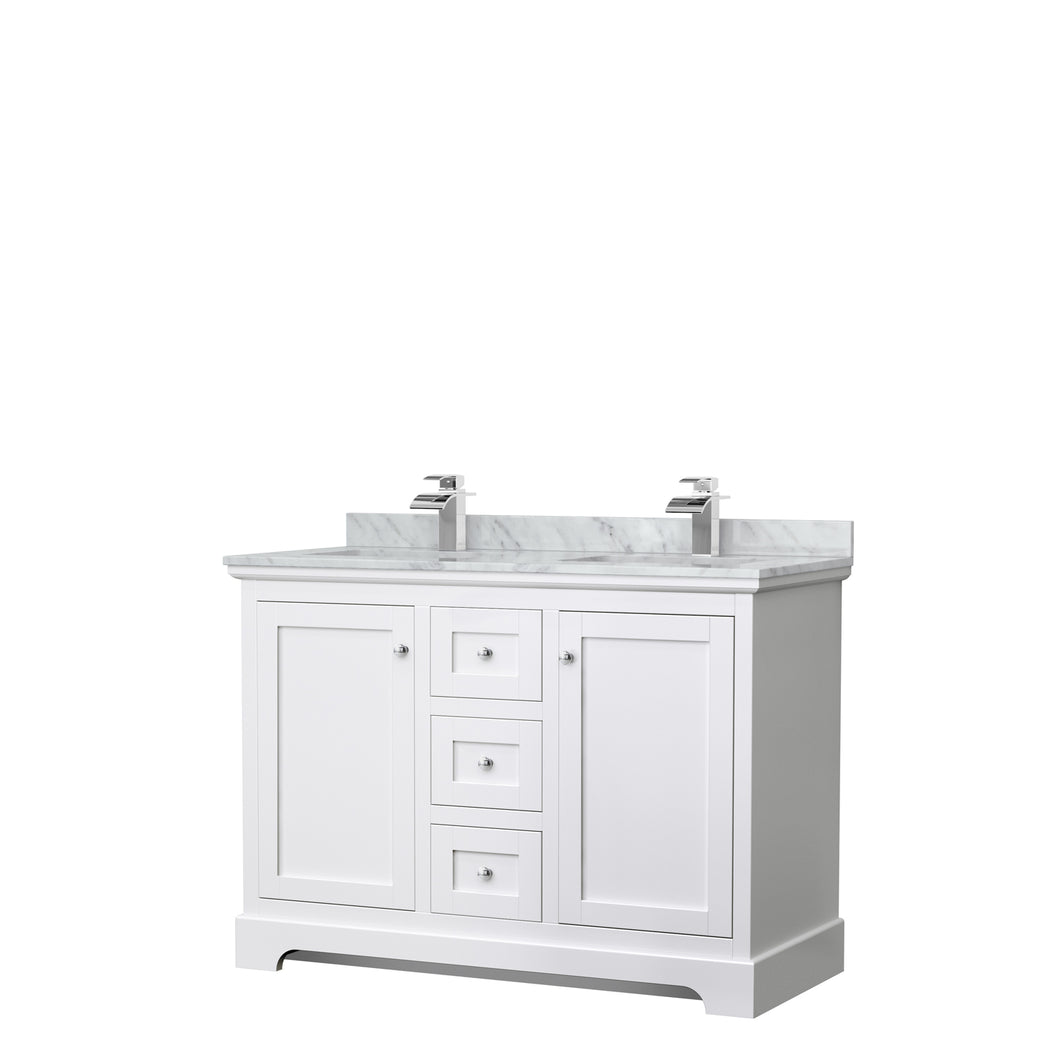 Wyndham Avery 48 Inch Double Bathroom Vanity in White, White Carrara Marble Countertop, Undermount Square Sinks, No Mirror- Wyndham