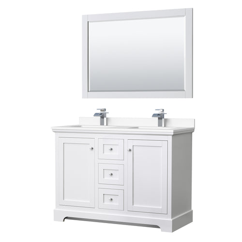 Wyndham Avery 48 Inch Double Bathroom Vanity in White, White Cultured Marble Countertop, Undermount Square Sinks, 46 Inch Mirror- Wyndham